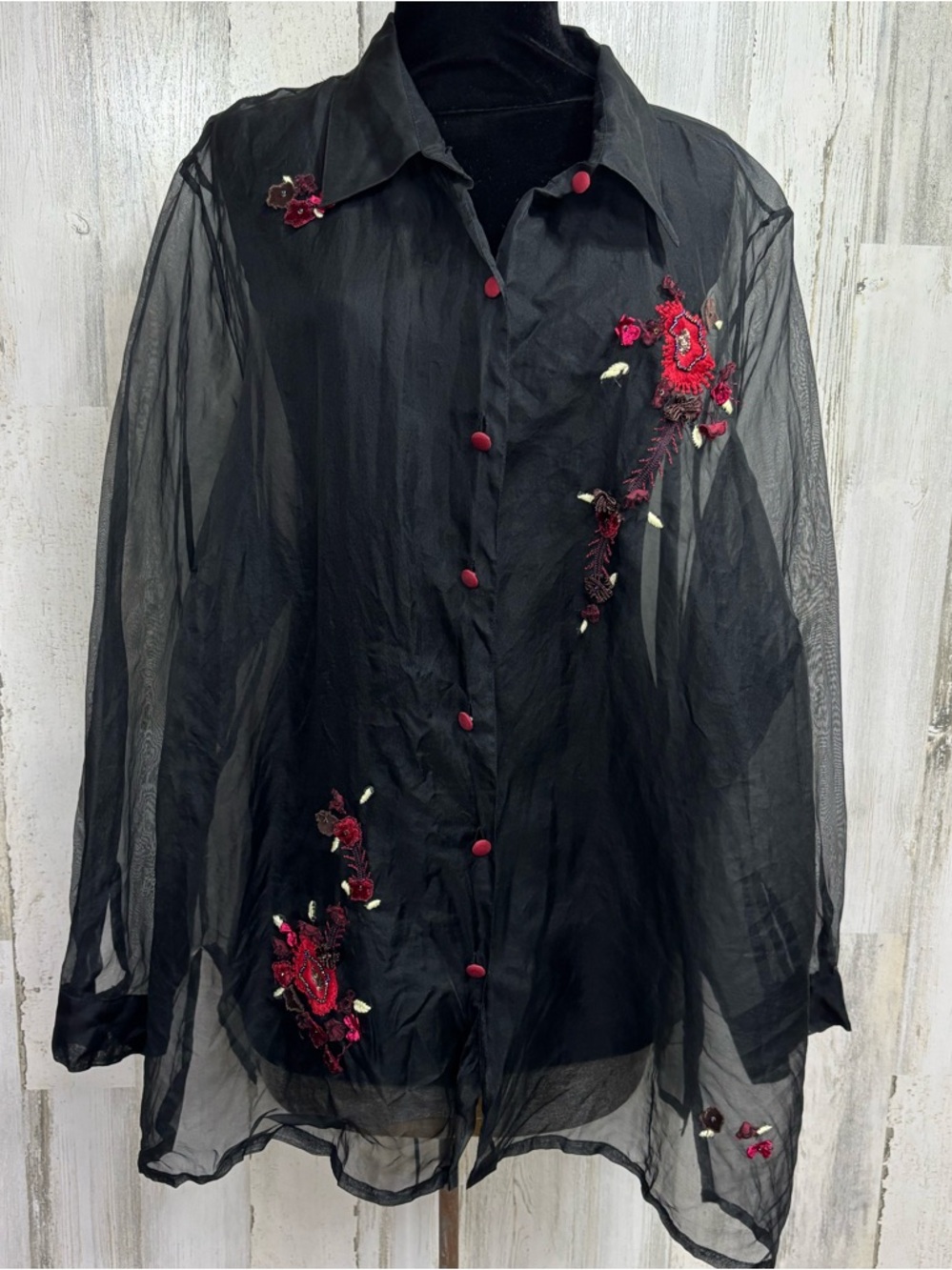 Maggie Barnes Sheer Black Long-Sleeve Plus Size Embroidered Silk Blouse‎